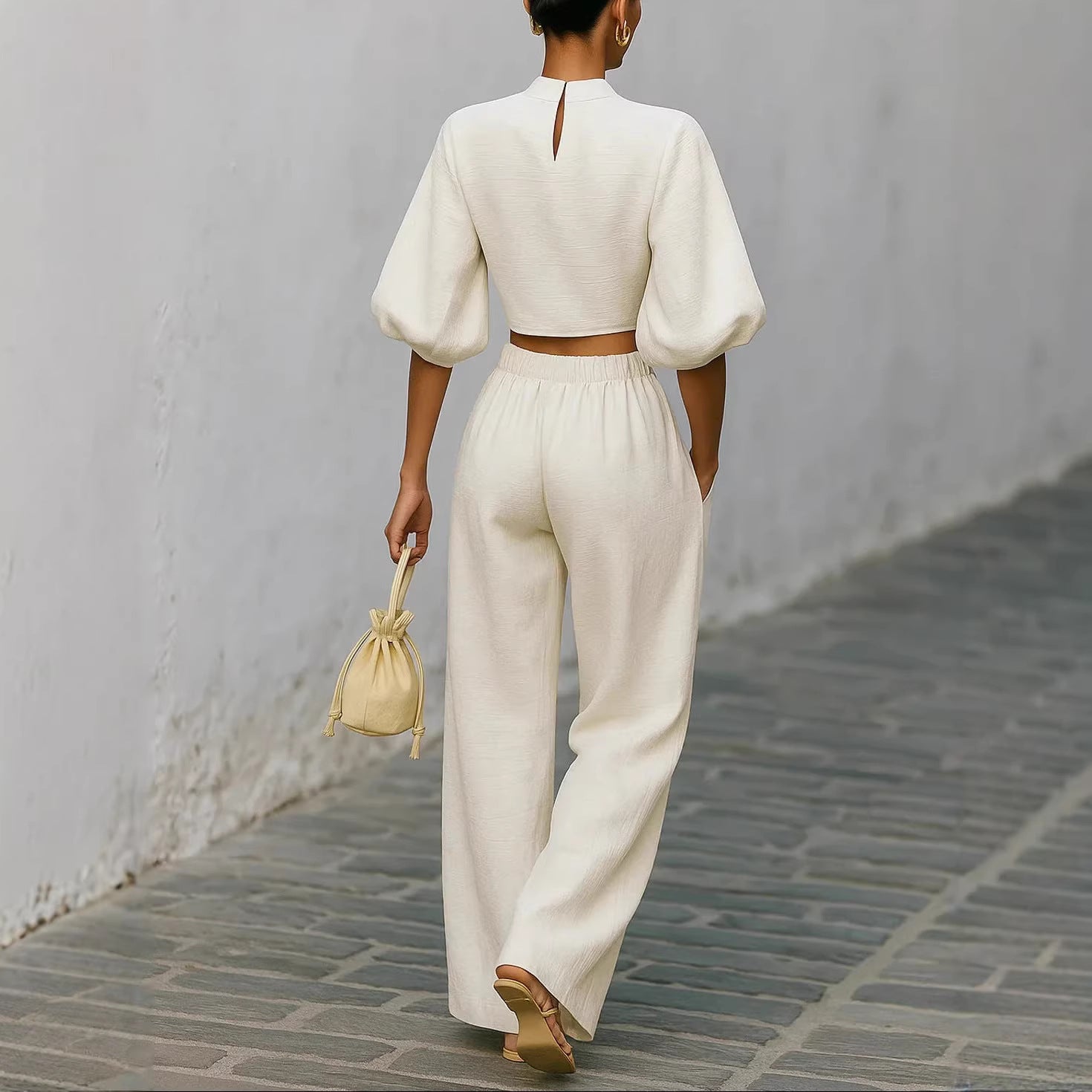 SET 2 PIÈCES FEMME CROP TOP + PANTALON TAILLE HAUTE BLANC – LOOK CASUAL ÉLÉGANT