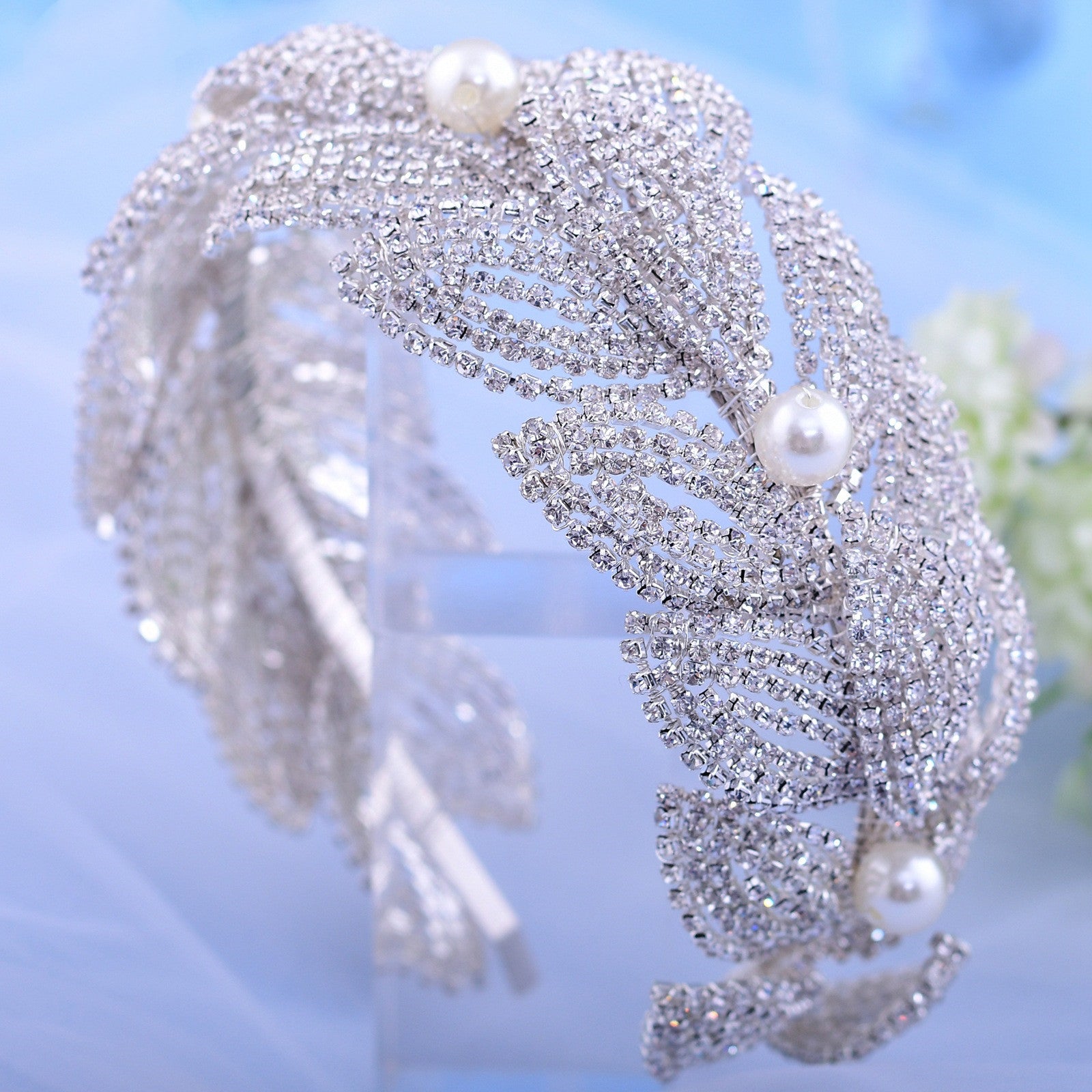 SERRE-TÊTE MARIÉE FAIT MAIN FEUILLES STRASS – ACCESSOIRE MARIAGE ÉLÉGANT