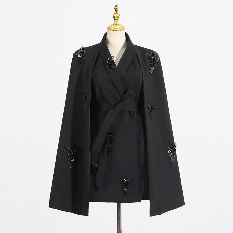 Blazer cape ample sans manches patchwork pailleté – rose rouge/noir femme