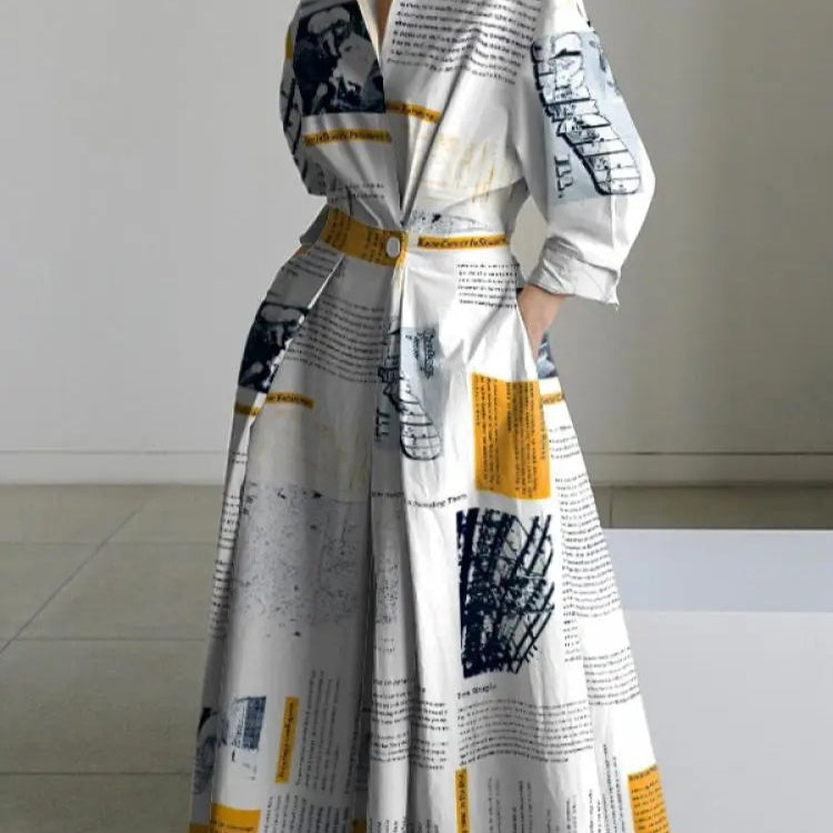 Robe maxi col roulé fluide, 3/4 manches évasée chic
