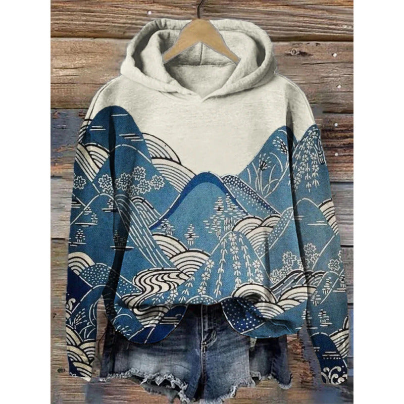 Women's printed hoodie pullover sweatshirt, long sleeves, trendy.
