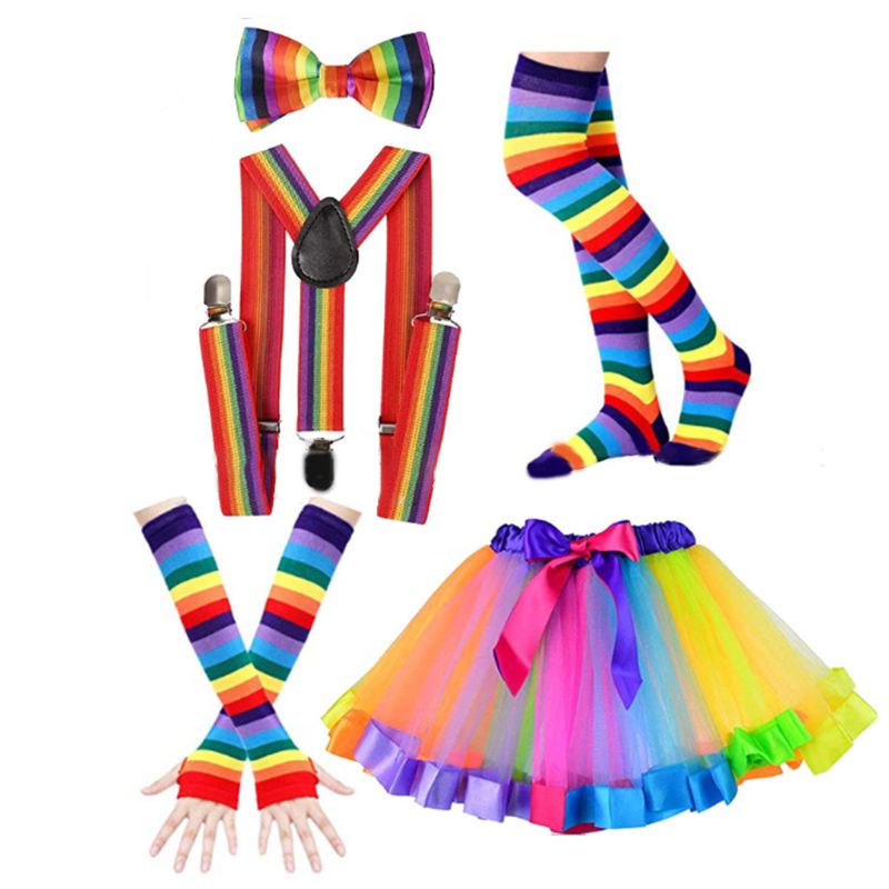 Ensemble jupe tutu arc-en-ciel néon avec gants, bretelles et nœud papillon