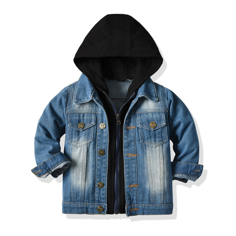 Veste denim enfant faux deux pièces capuche loose – gris/noir unisexe