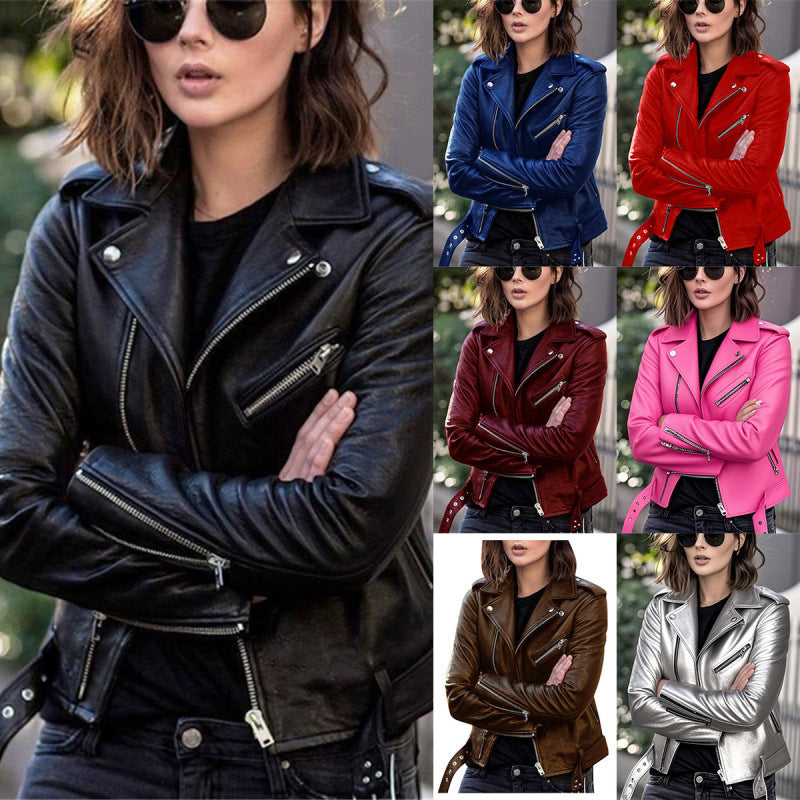 BLOUSON COURT CUIR PU FEMME – VESTE CASUAL SLIM FIT STREET HIPSTER RIVETS