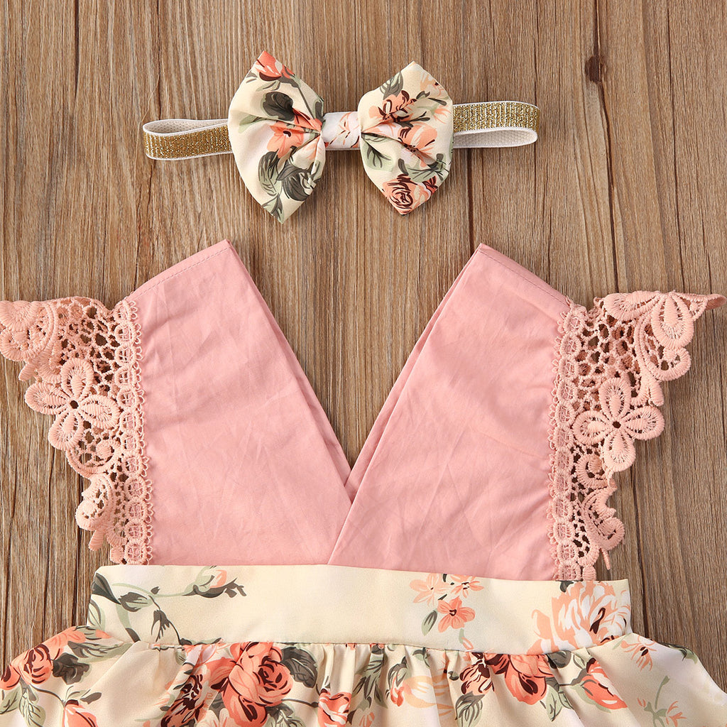 Mono princesa con encaje floral bebé cuello en V verano