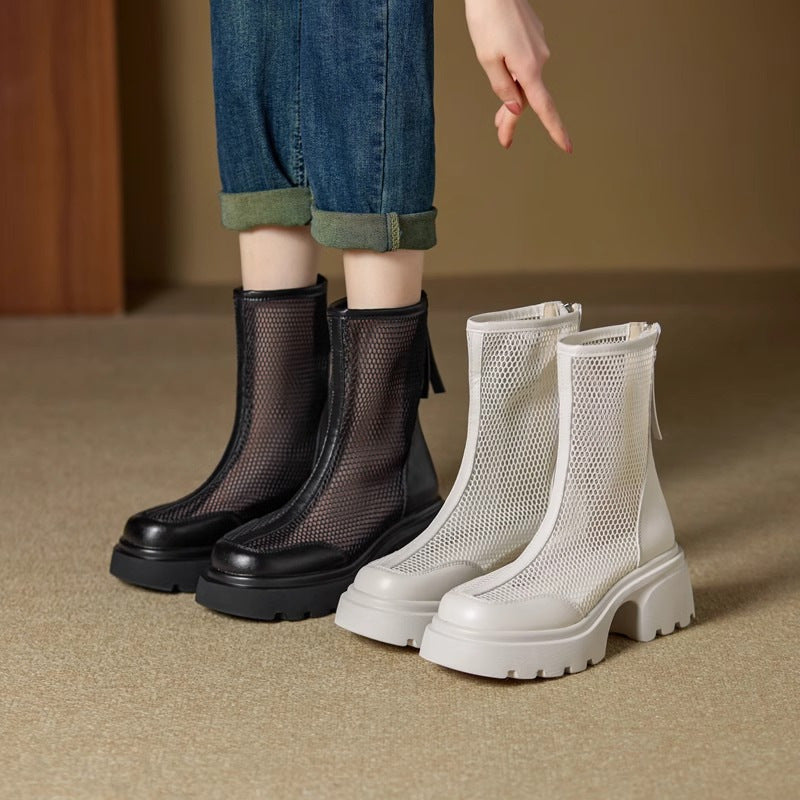 Bottes plateforme maille respirante femme – daim beige talon épais été