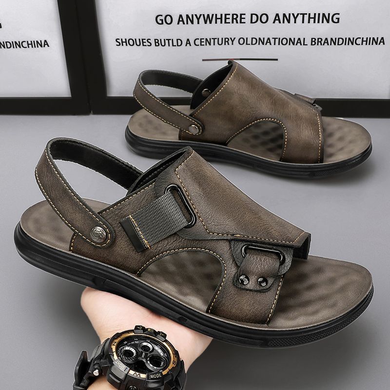 Sandales plage homme cuir vachette antidérapantes – semelle épaisse gris/noir