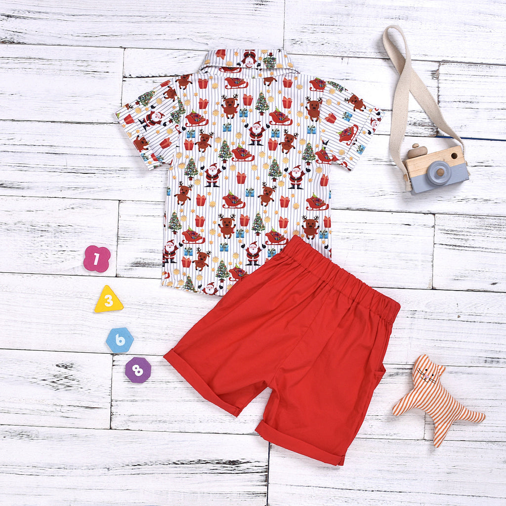 Ensemble garçon Noël rouge imprimé coton 85% – chemise boutonnée avec nœud