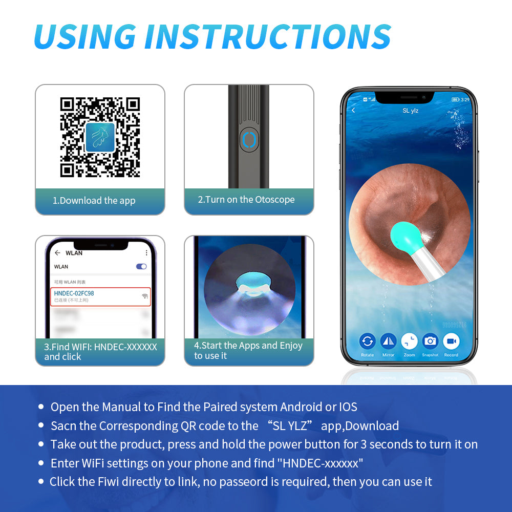 Nettoyeur d’oreilles NE3 avec caméra LED – otoscope sans fil iPhone Android