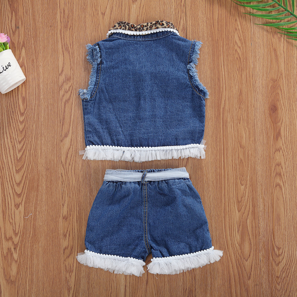 Ensemble fille 2 pièces denim léopard sans manches