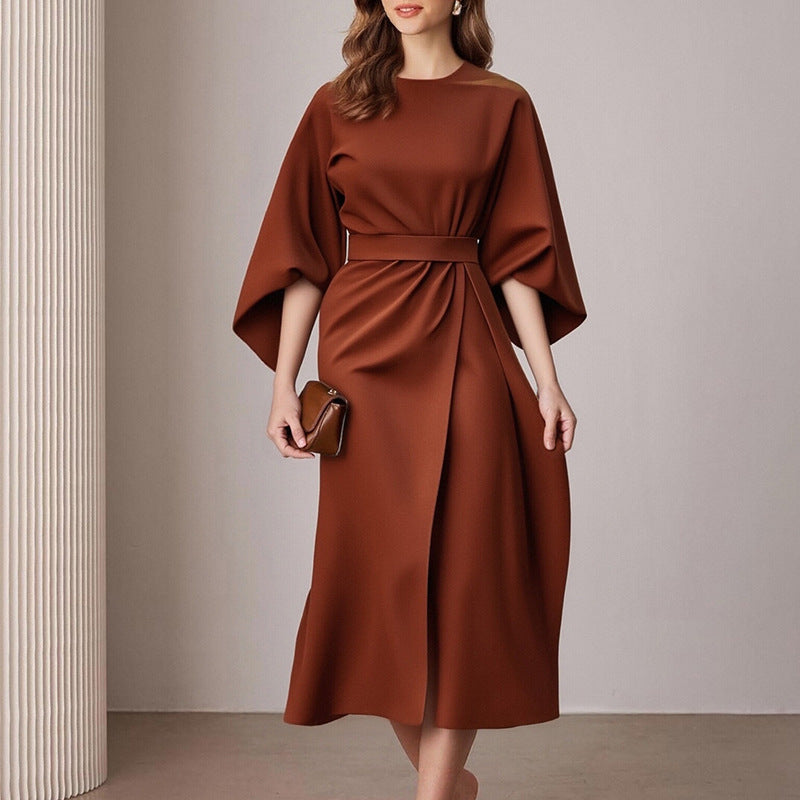 Robe unie lacets col rond, mode casual commuting femme