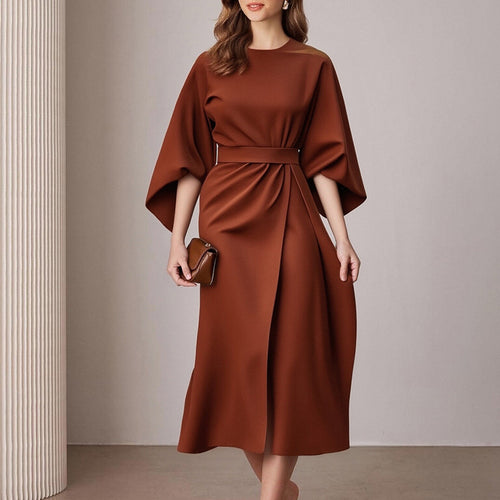 Robe unie lacets col rond, mode casual commuting femme