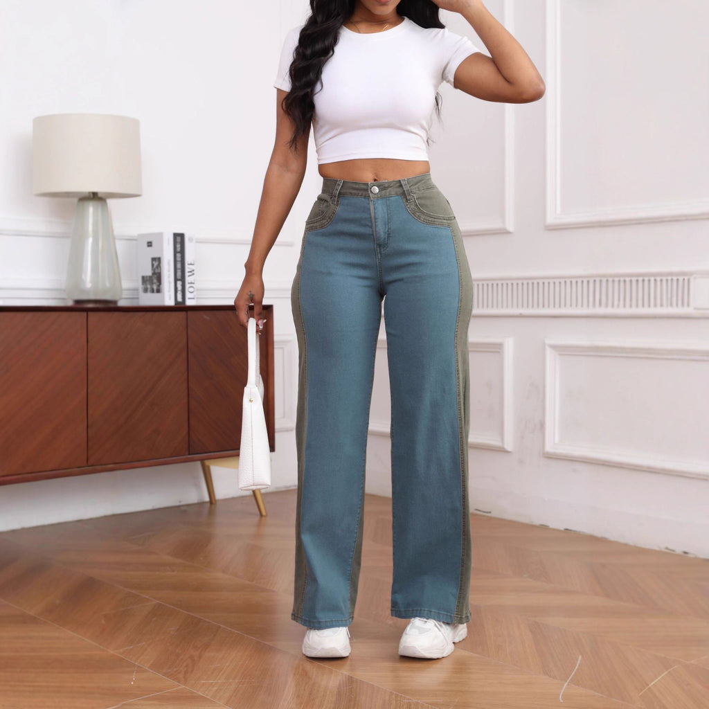 Jean wide leg femme élastique vert/magenta – Panneaux structurés lavage acide élégant
