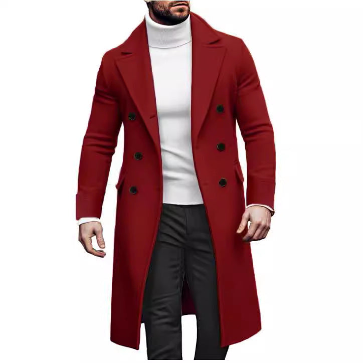 Manteau long laine double boutonnage homme – vert/rouge/kaki/bleu