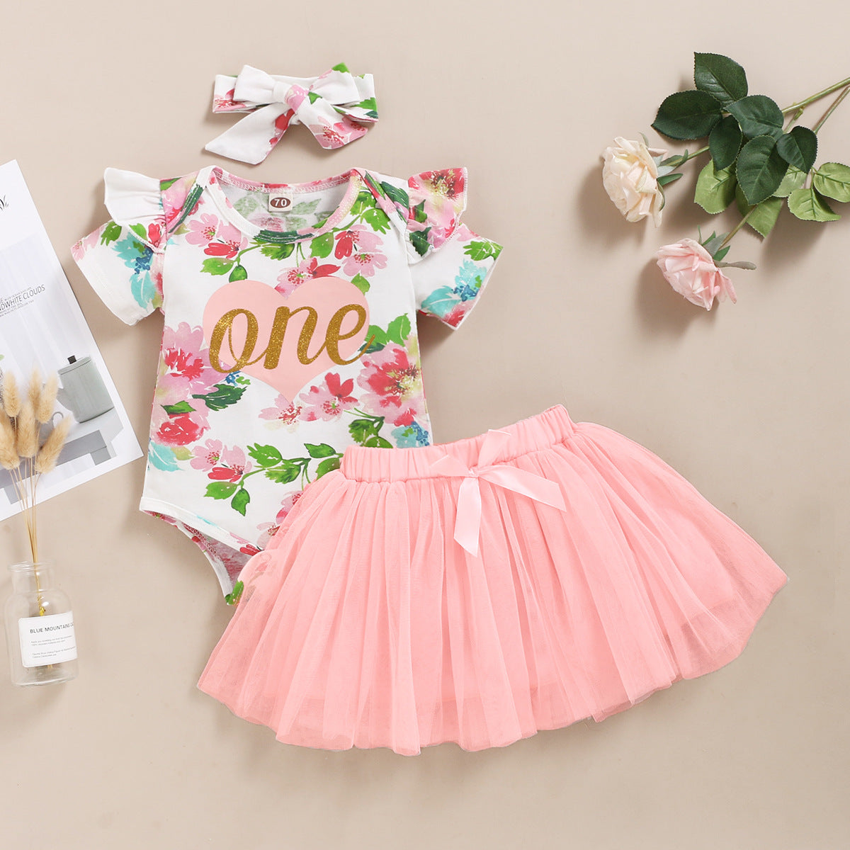 Ensemble bébé fille 3 pièces rose – combinaison, jupe et bandeau en coton