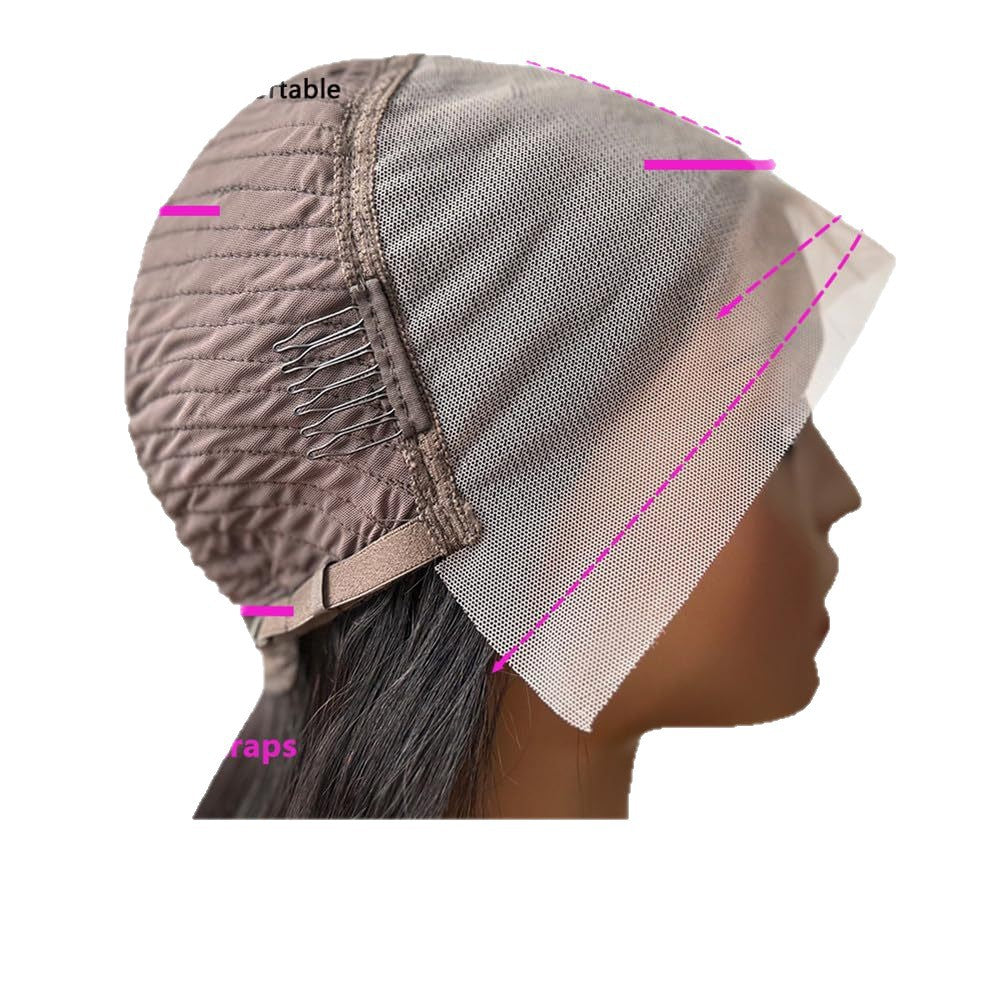 Perruque lace courte lisse avec raie libre – fibre synthétique résistante à la chaleur.