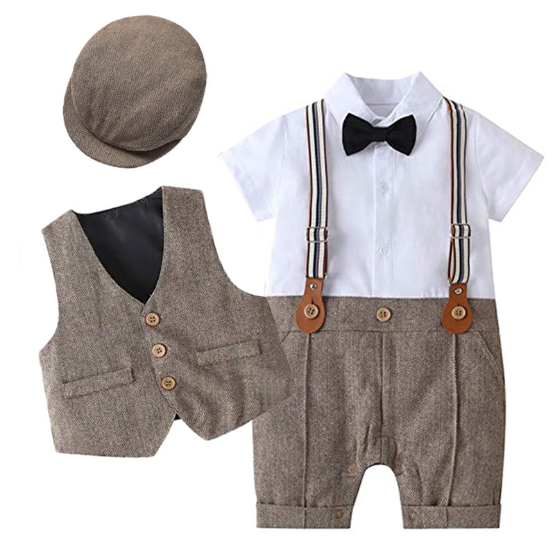 Ensemble combinaison-gilet bébé manches courtes avec chapeau – coton blanc, kaki, gris ou bleu