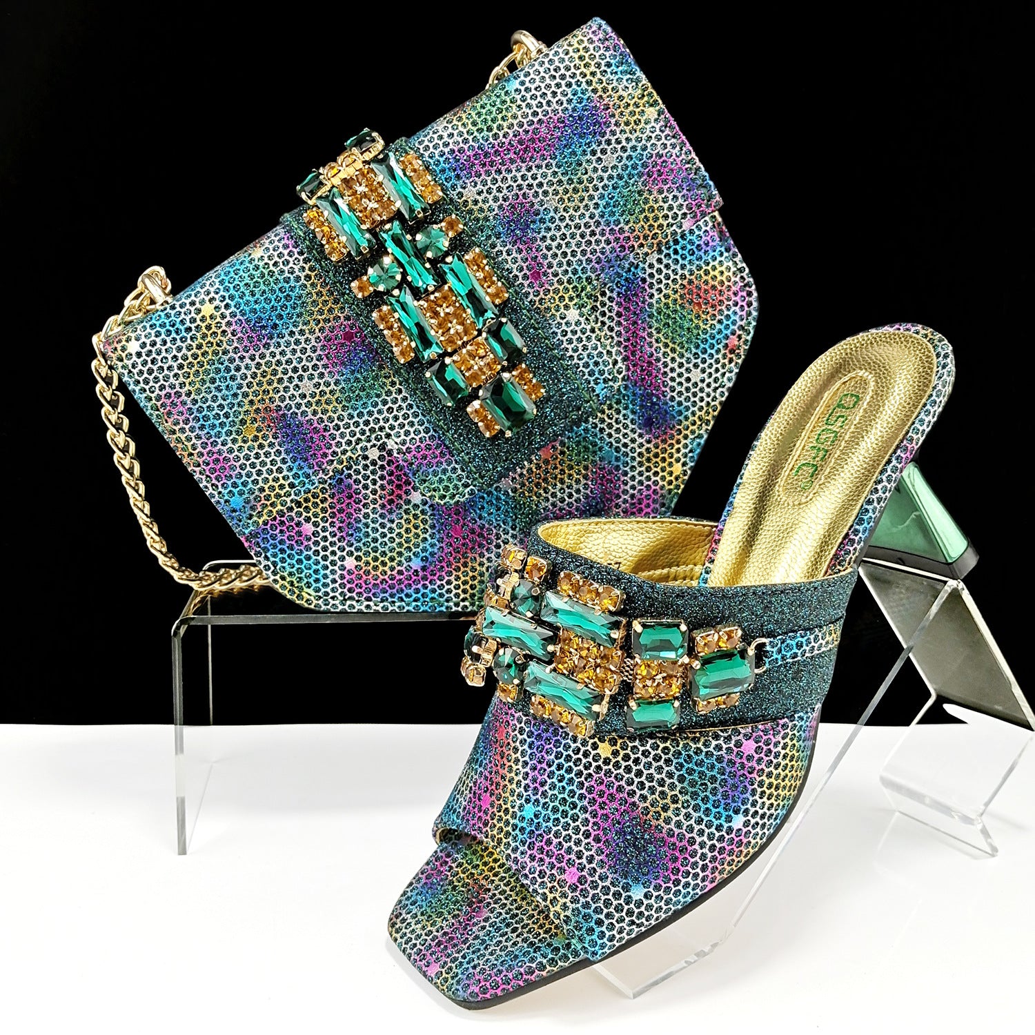 Ensemble chaussures-sac camouflage femme, mules talon haut