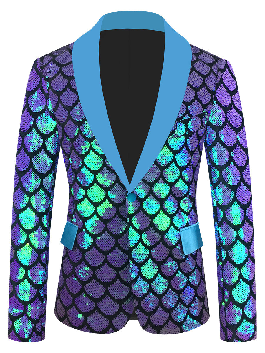 Costume pour homme en velours coloré à paillettes et à écailles.