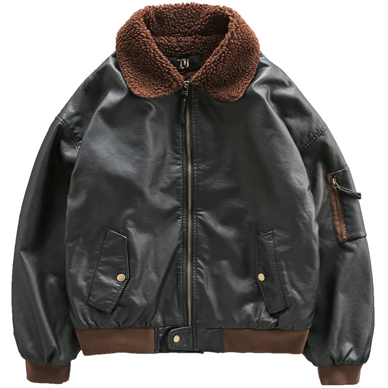 Thick leather Air Force pilot bomber jacket, comfortable fleece lining.