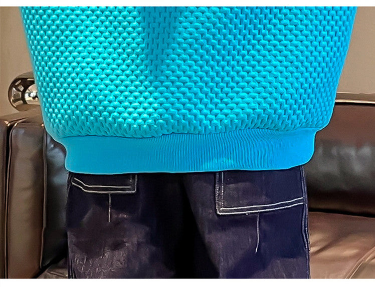 Sweat-shirt waffle streetwear coréen garçon – noir/bleu