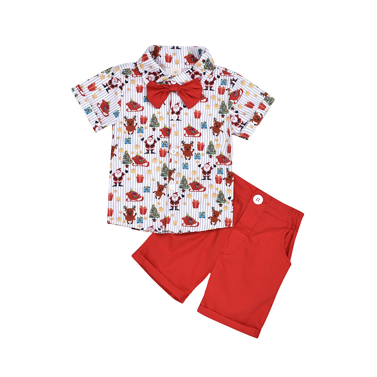 Ensemble garçon Noël rouge imprimé coton 85% – chemise boutonnée avec nœud
