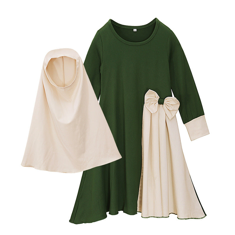 Robe abaya fille manches longues avec bandeau – coton uni vert ou rouge
