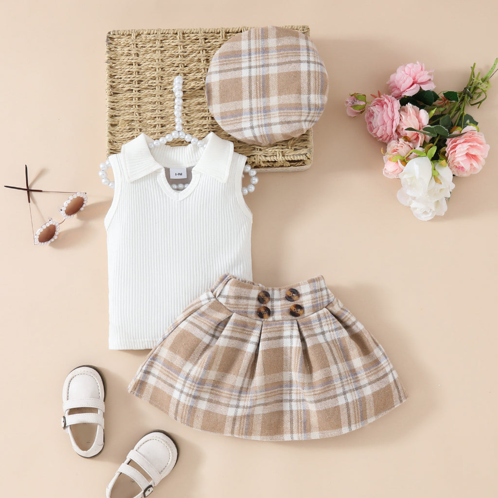 Ensemble fille 3 pièces béret haut jupe à carreaux – rose ou blanc laiteux