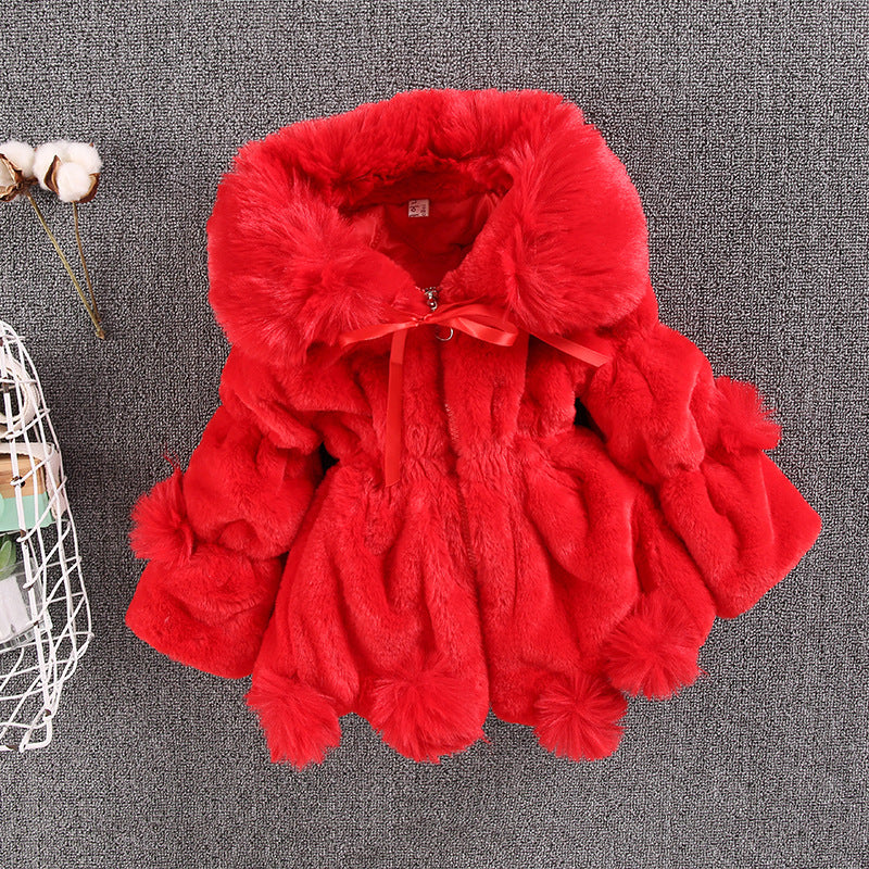 Manteau hiver laine mélangée fille col V – blanc/rose/rouge/noir