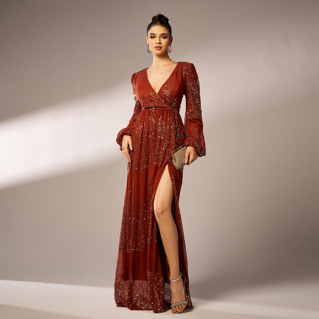 Long Sequin Dress V-Neck Long Sleeves – Sexy Elegant Evening