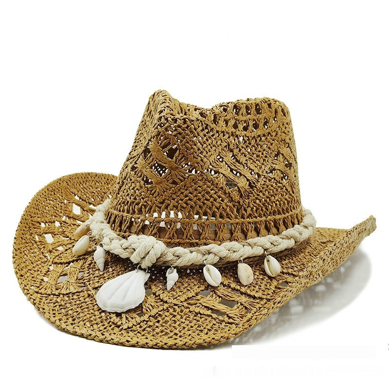 Chapeau de cowboy en paille coquillage avec pare-soleil tissé