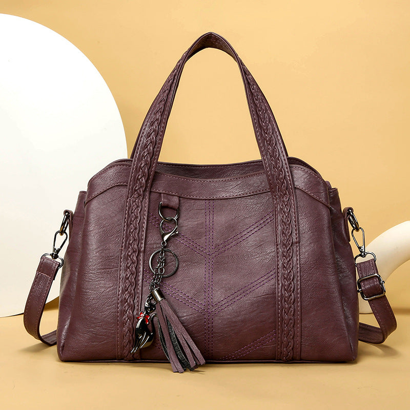 Sac bandoulière vintage PU carré horizontal – noir/marron/rouge/violet pompons