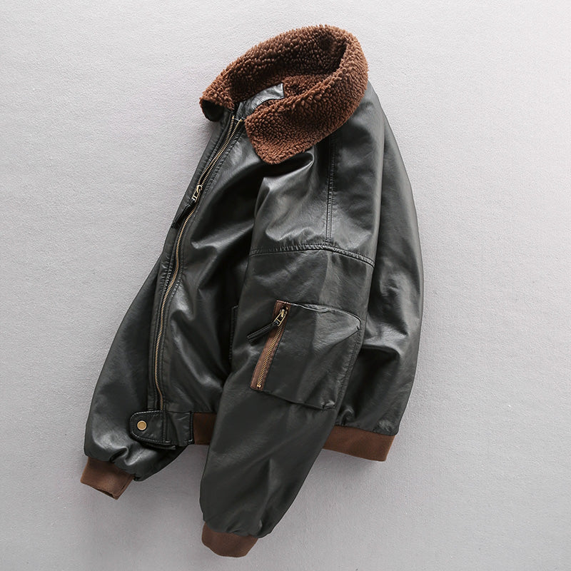 Thick leather Air Force pilot bomber jacket, comfortable fleece lining.