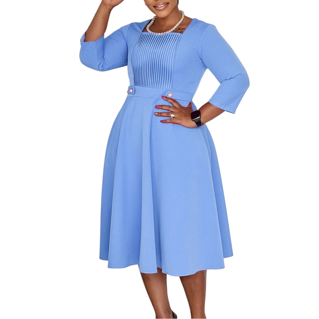 Robe plissée col carré unie chic, grande taille