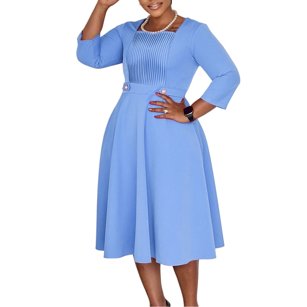 Robe plissée col carré unie chic, grande taille