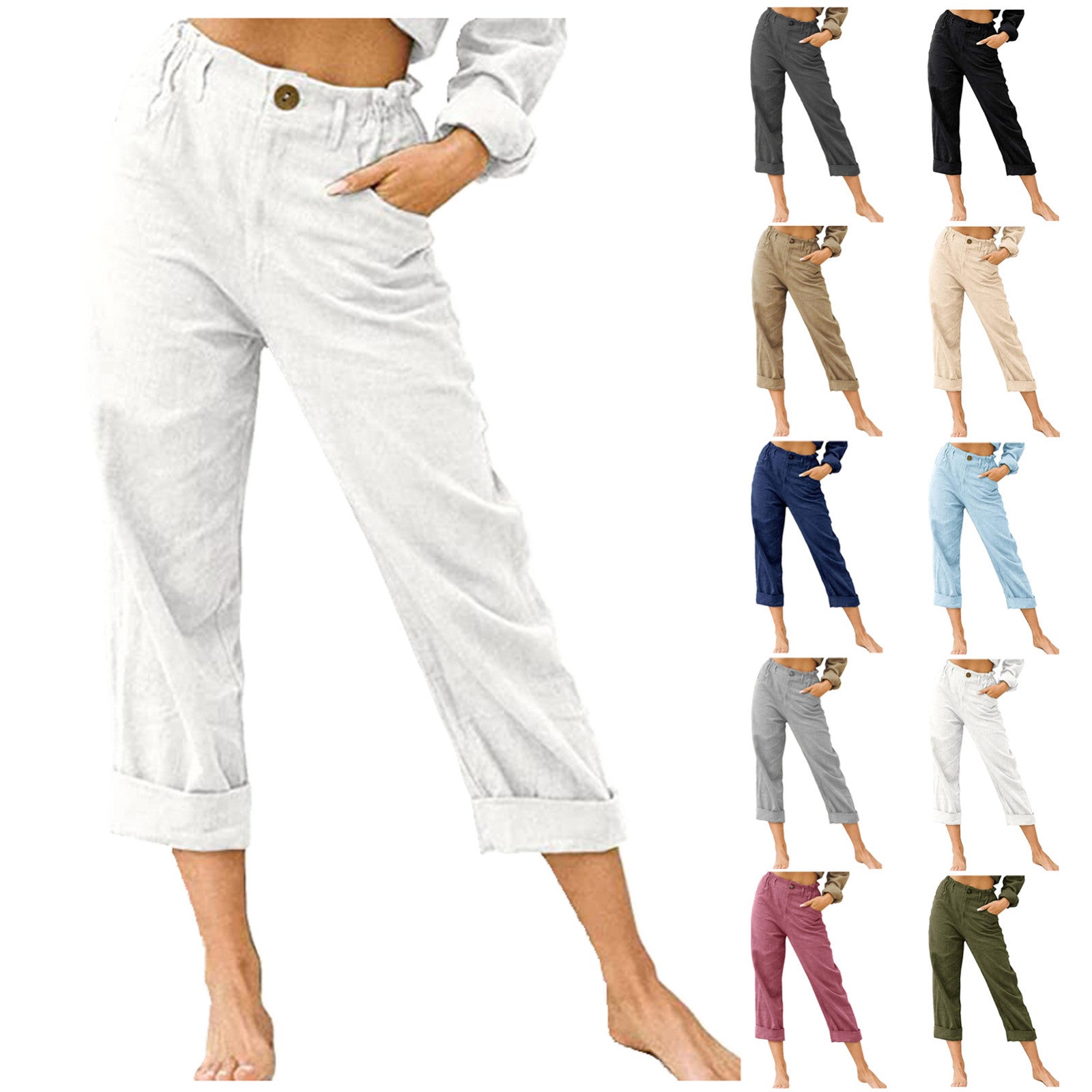 Pantalon femme en coton lin à taille haute – ample, confortable et décontracté