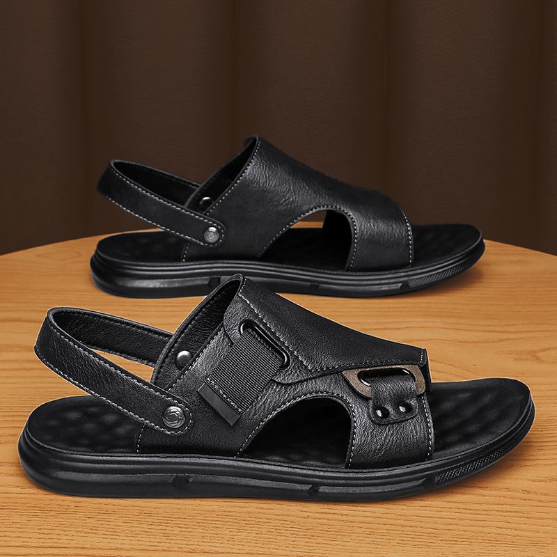 Sandales plage homme cuir vachette antidérapantes – semelle épaisse gris/noir