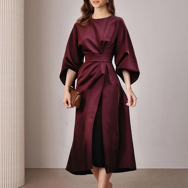 Robe unie lacets col rond, mode casual commuting femme