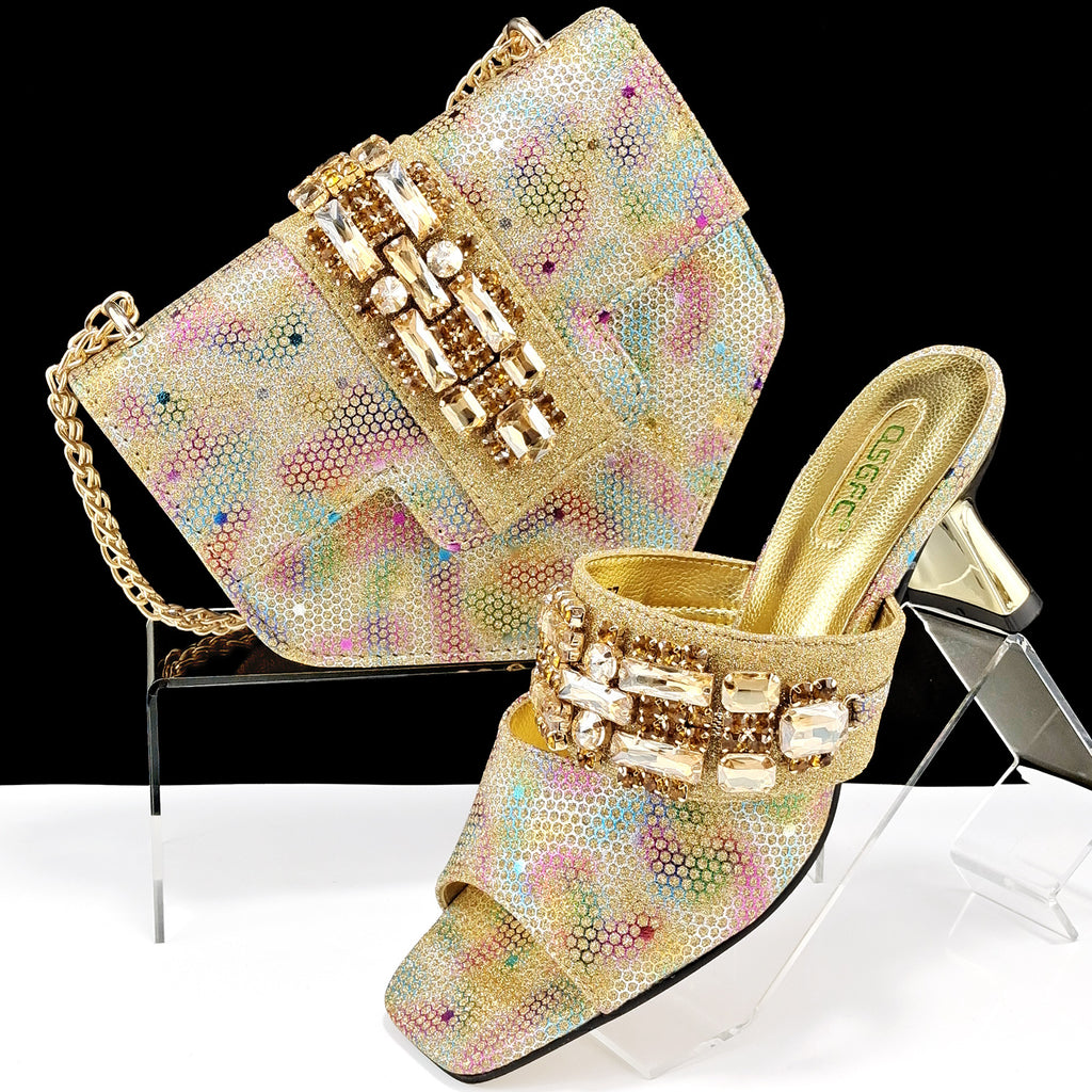 Ensemble chaussures-sac camouflage femme, mules talon haut
