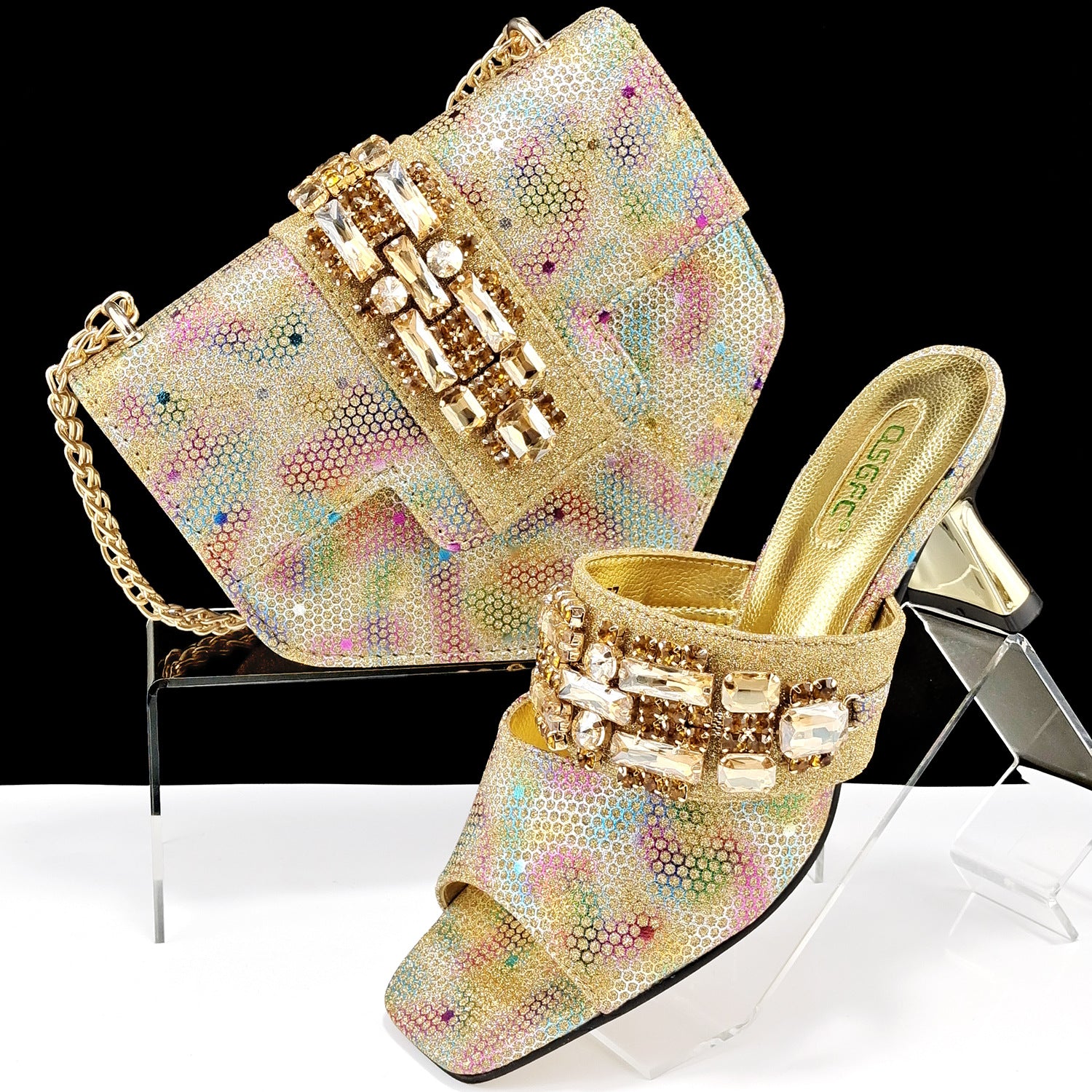 Ensemble chaussures-sac camouflage femme, mules talon haut