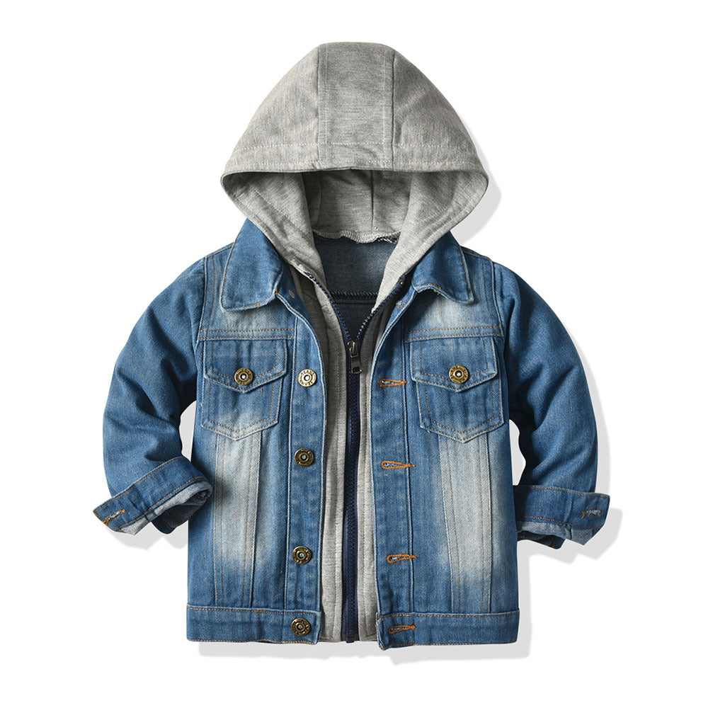 Veste denim enfant faux deux pièces capuche loose – gris/noir unisexe