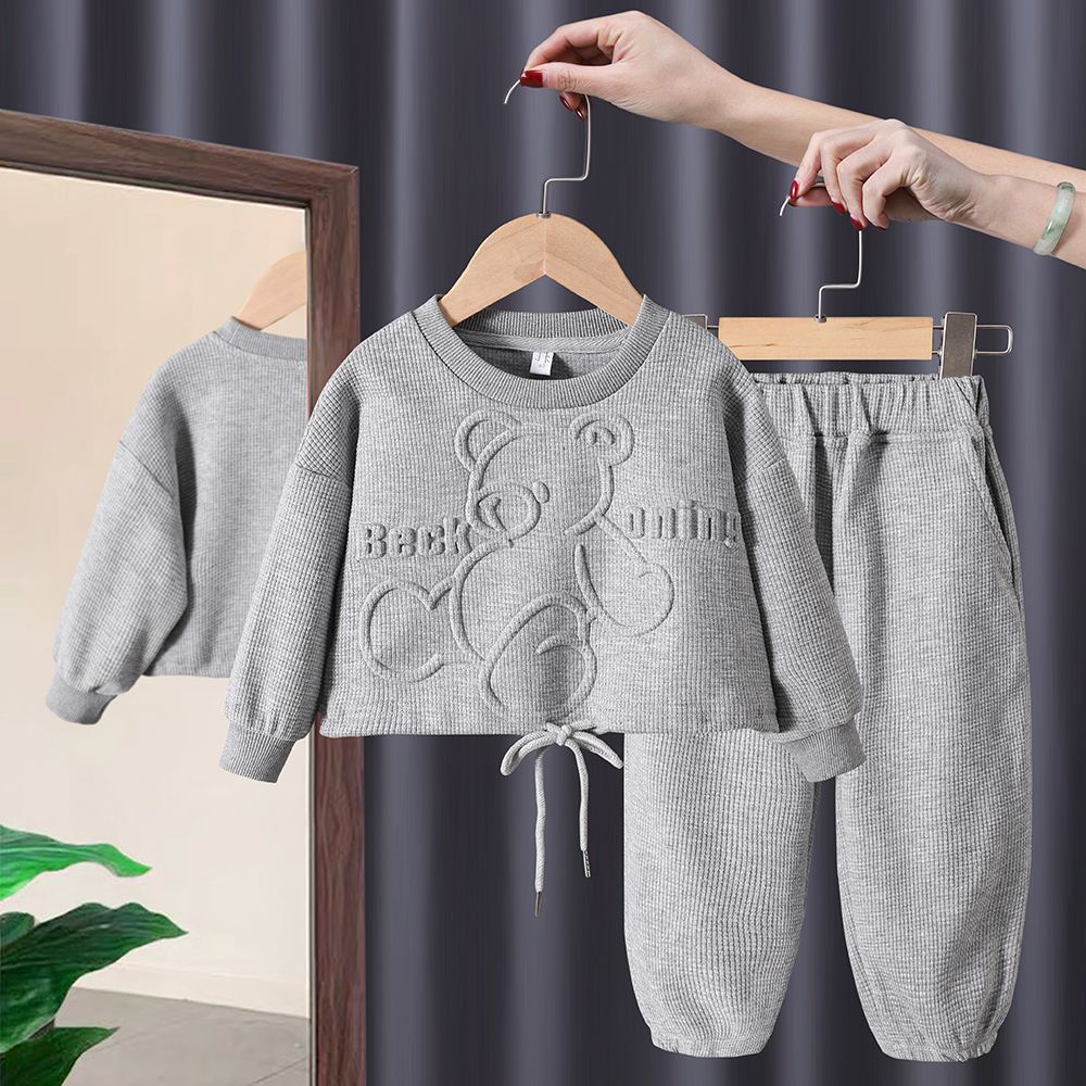 Ensemble hoodie pullover ours fille coréen – rose/gris