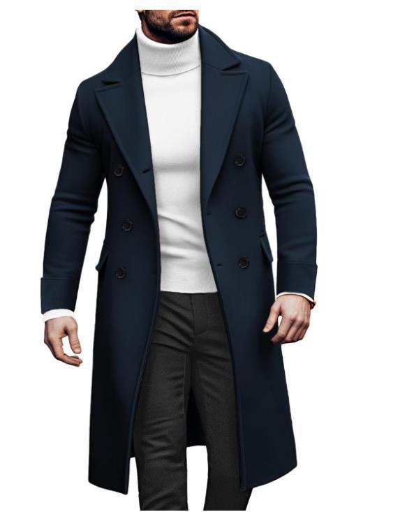 Manteau long laine double boutonnage homme – vert/rouge/kaki/bleu