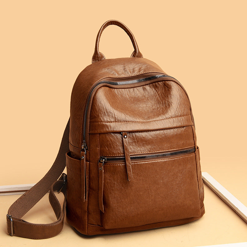 Sac à dos étudiant cuir souple PU grande capacité – noir/marron antivol