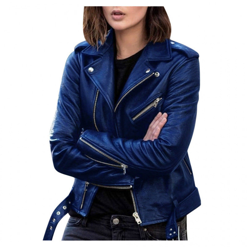 BLOUSON COURT CUIR PU FEMME – VESTE CASUAL SLIM FIT STREET HIPSTER RIVETS