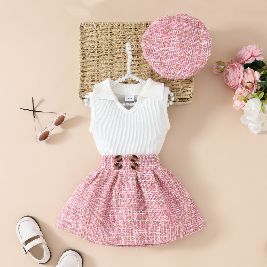 Ensemble fille 3 pièces béret haut jupe à carreaux – rose ou blanc laiteux