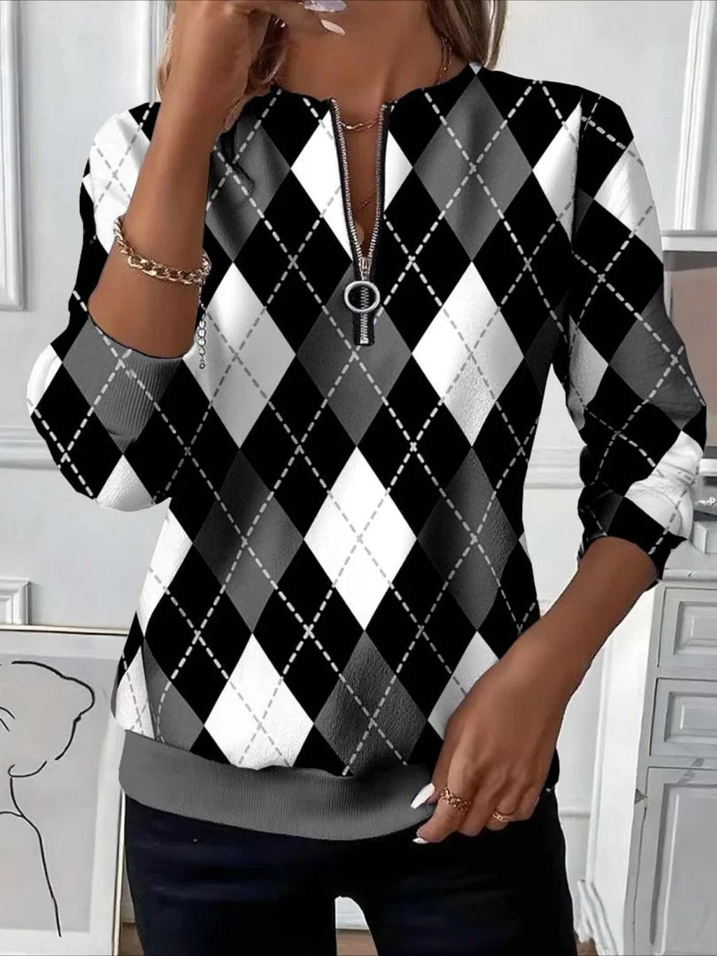 Women's long-sleeve pullover sweatshirt with festive trendy patterns.