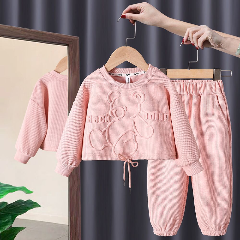 Ensemble hoodie pullover ours fille coréen – rose/gris