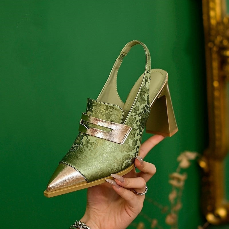 Sandales à brides talon épais bout pointu – noir/vert/champagne