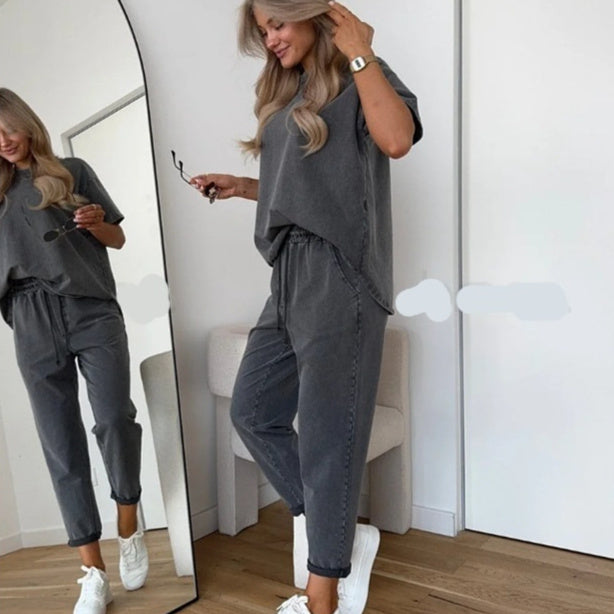 Ensemble sweat uni décontracté femme – Set lounge chic sweat + pantalon